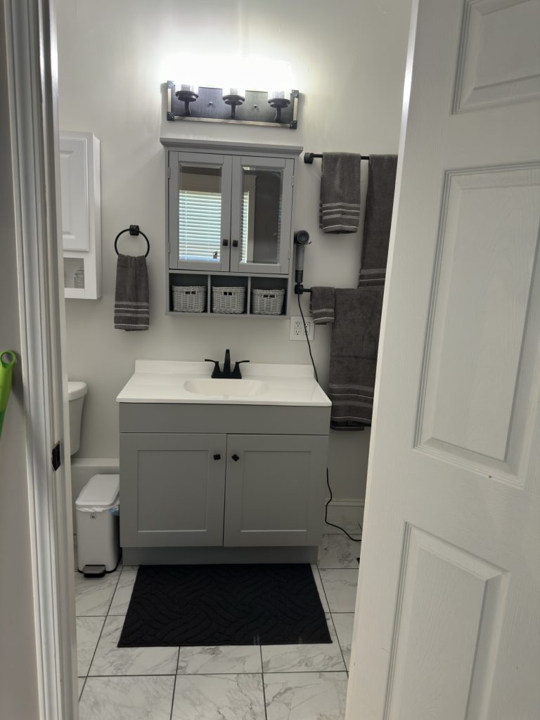 Sparkling clean bathroom with gray vanity